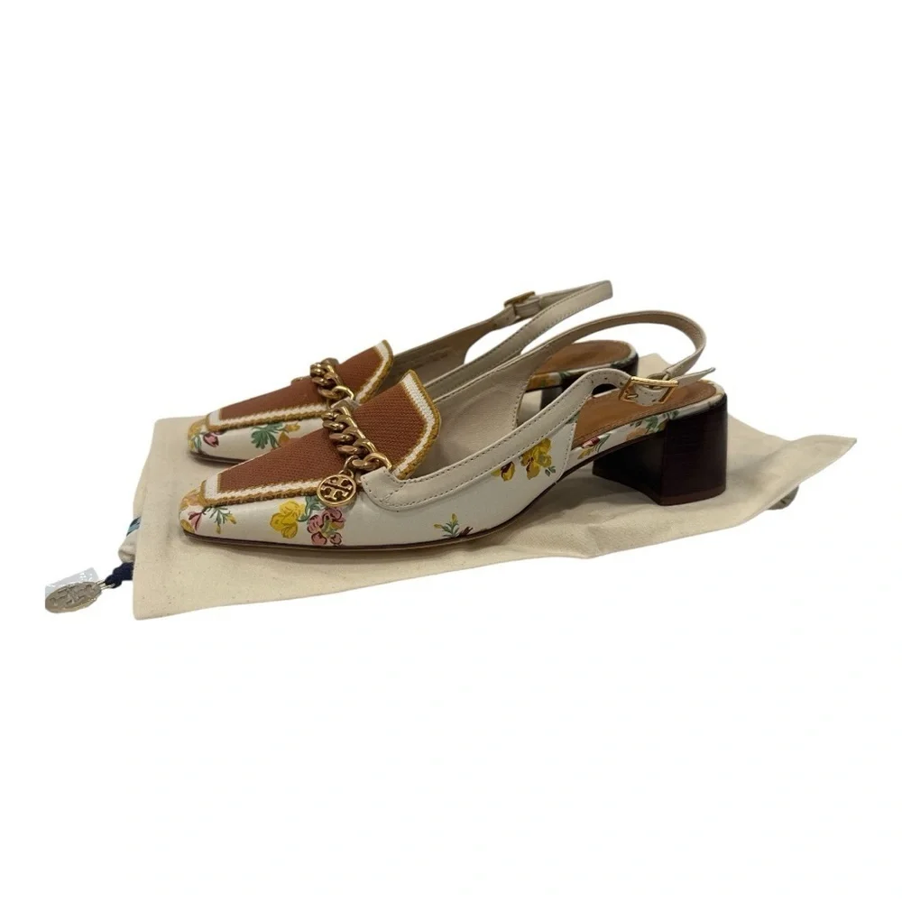 Tory Burch Mini Benton Charm Floral Chain-Embellished Slingback Heels size 6 M